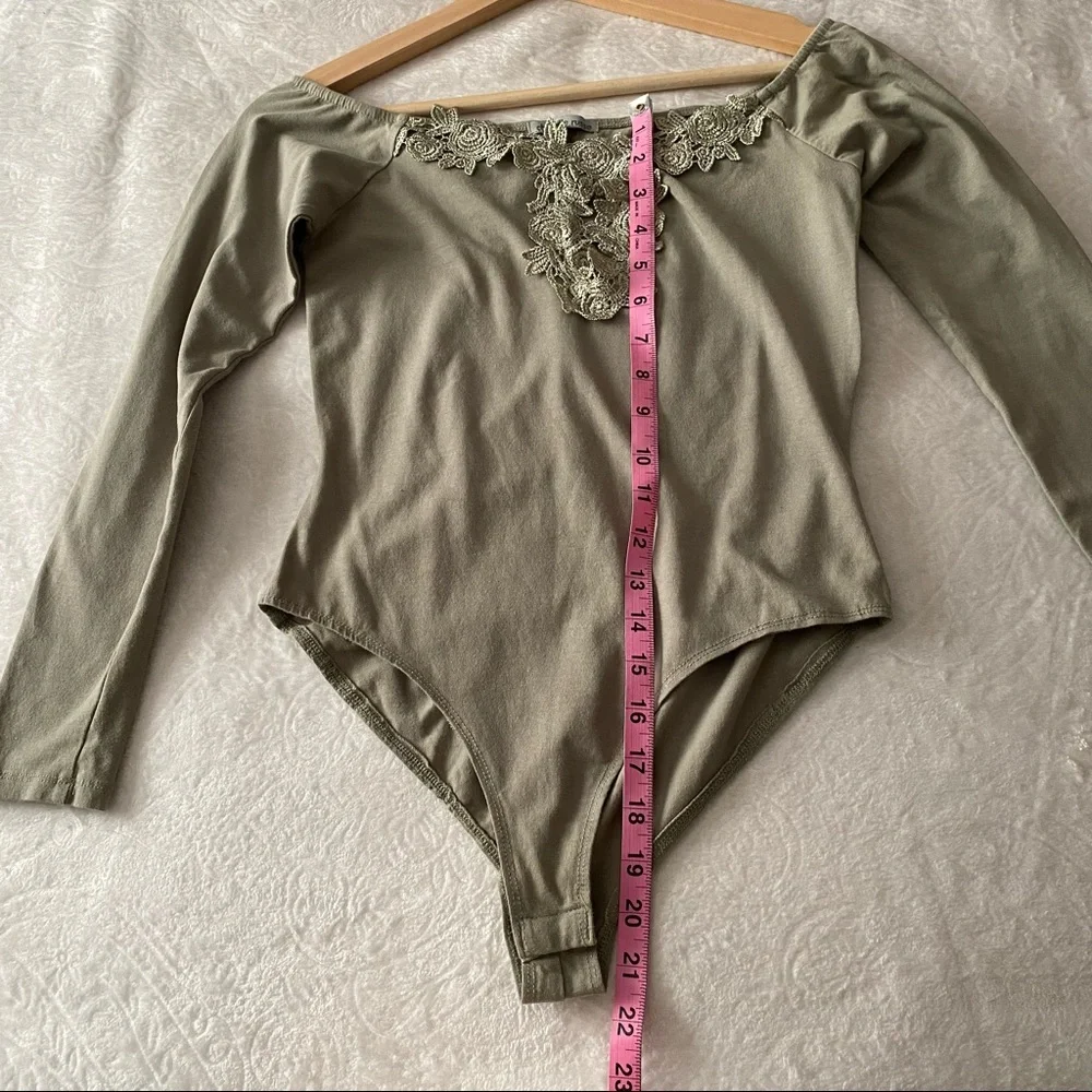 Sage Off Shoulder Floral Appliqué Neckline Bodysuit